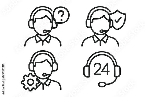 Fototapeta Customer service icons set with headset support agents, linear style vector illustrations, technical help, 24/7 assistance, call center, question, protection, gear concept, transparent background
