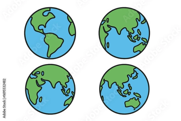 Fototapeta Set of four globe earth icons in flat style, cartoon vector illustration, blue oceans and green continents, simple round Earth design with transparent background, world map symbols