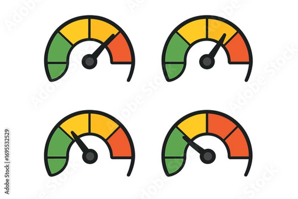 Fototapeta Colorful speedometer icons set, flat design speed gauges with green, yellow, orange sections, vector cartoon illustration, performance meter symbols collection, web icon set