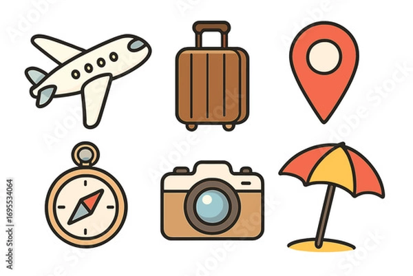 Fototapeta Travel icon set with airplane, luggage, location pin, compass, camera, beach umbrella, vector cartoon illustrations, transparent background, summer vacation symbols collection