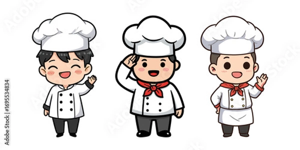 Fototapeta Three cartoon chefs stand side by side smiling