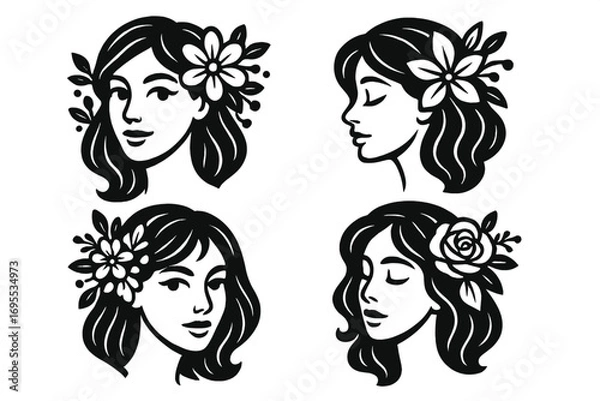 Fototapeta Stylized black and white line art vector set of women’s faces with floral and leaf decorations, elegant cartoon portraits, feminine beauty illustrations, transparent background