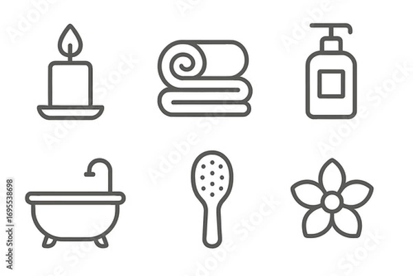 Fototapeta Minimalist spa icons set with candle, towel, lotion bottle, bathtub, brush, flower outline design, wellness symbols, relaxation vector illustration, transparent background