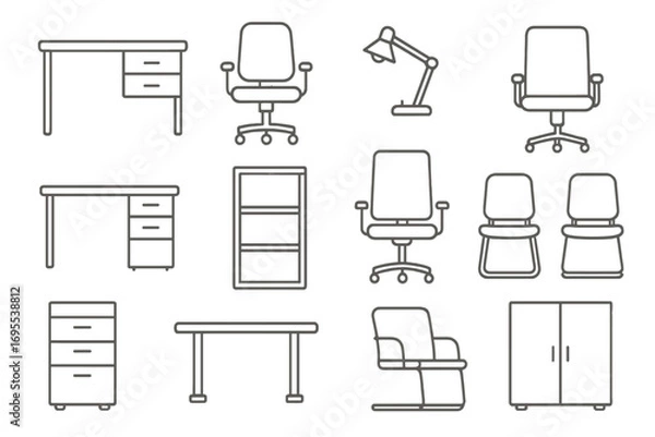 Fototapeta Vector office furniture line icon collection. Editable stroke. Thin line symbols of desk, chair, lamp, bookshelf for business infographics. Minimalist workplace interior elements.