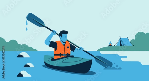 Fototapeta A person kayaking in a lake with a camp on the shore on beautiful sunny day