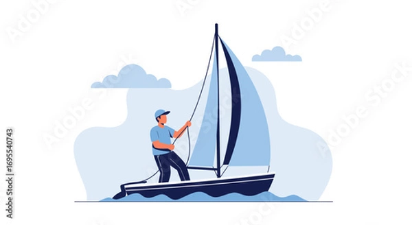Fototapeta A person sailing a boat on the water in a flat illustration design concept