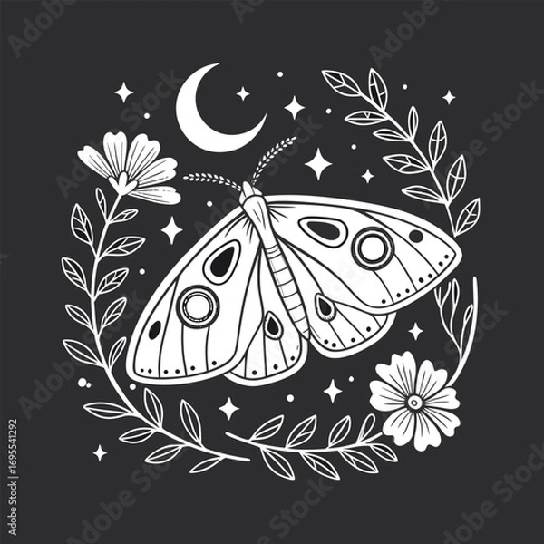 Obraz Elegant moth with crescent moon wings, celestial line art style, detailed stars and flowers around it, symmetrical, white on black, minimalist T-shirt design, no background