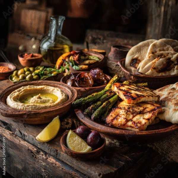 Fototapeta Ultra-Realistic Photography of Mediterranean Dishes on Rustic Wooden Table, Hummus, Grilled Halloumi, and Fresh Pita with Cinematic Lighting