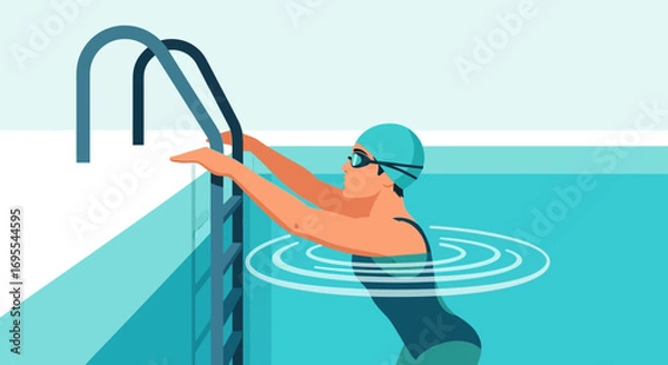 Fototapeta A Swimmer Exiting The Pool Using The Ladder, A Moment Of Recreation and Wellness