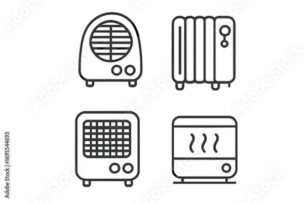 Fototapeta Set of portable electric heaters line icons. Minimalist vector cartoon illustration of various heating appliances. Fan heater, oil radiator, convector pictogram collection.