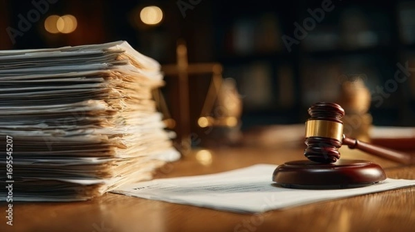 Fototapeta A close-up of a gavel next to a stack of legal documents, symbolizing justice and the legal process in a courtroom setting.