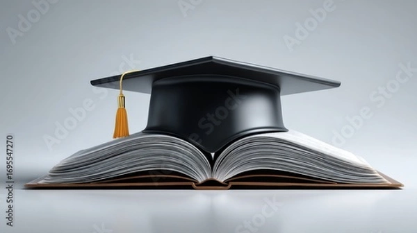 Obraz An open book with a graduation cap. symbolizing the journey of knowledge, achievement, and academic success. ..Created with Generative AI, not depicting real subjects.