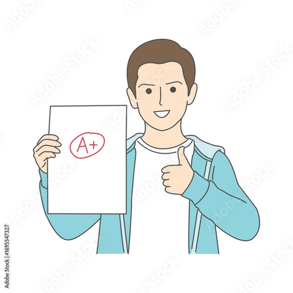 Fototapeta Smiling boy showing A test grade and giving thumbs up gesture
