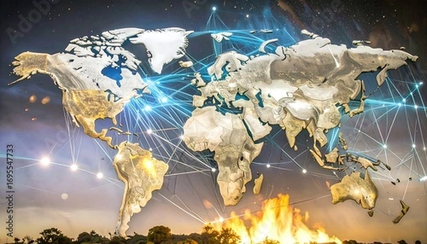 Obraz Global network map overlaid on world map, night sky backdrop with fire