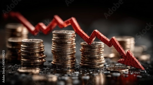 Fototapeta Depicting the economic decline as stacks of coins are overshadowed by a downward-pointing red arrow. ..Created with Generative AI, not depicting real subjects.