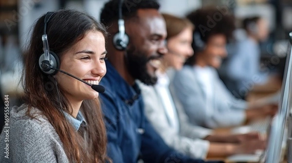 Fototapeta A diverse team of customer service representatives wearing headsets, smiling while engaging with clients at their computers in a modern office setting.