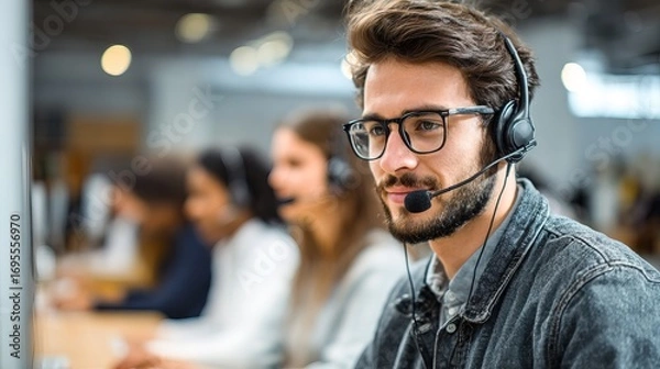 Fototapeta A focused young man with glasses and a headset engages in a call center environment, surrounded by colleagues working at computers.
