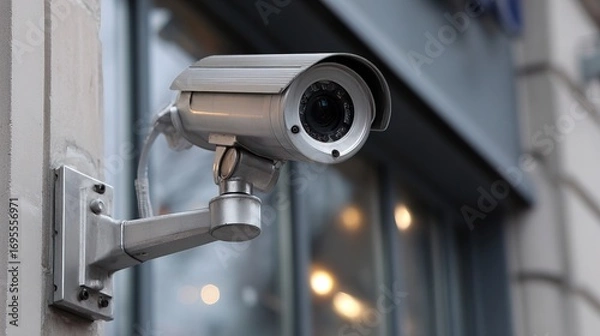 Fototapeta A security camera mounted on a wall, monitoring the area with a sleek, metallic design, highlighting surveillance technology in urban environments.