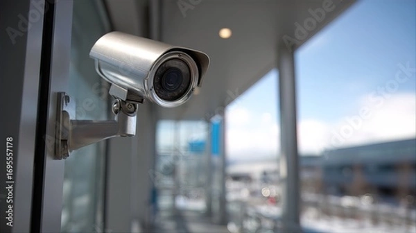 Fototapeta A sleek security camera mounted indoors, focusing on a bright, modern corridor with natural light filtering through large windows.