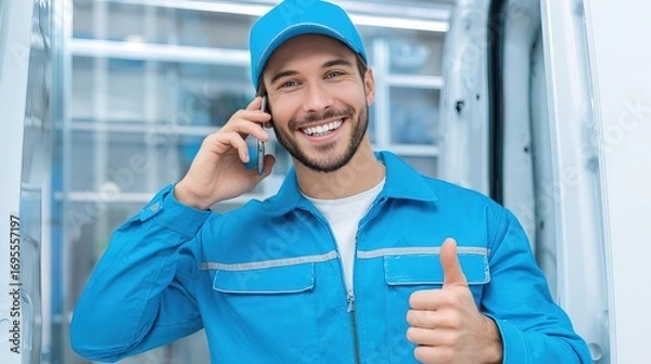 Fototapeta A smiling man in a blue uniform is talking on the phone while giving a thumbs-up, suggesting positive communication and service.