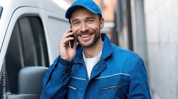 Fototapeta A smiling man in a blue uniform talks on his phone next to a van, exuding a friendly and professional demeanor.