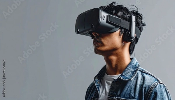 Fototapeta Asian man using virtual reality headset. Isolated on gray background studio portrait. VR, future, gadgets, technology, online education, studying, video game concept. Detailed high quality image.
