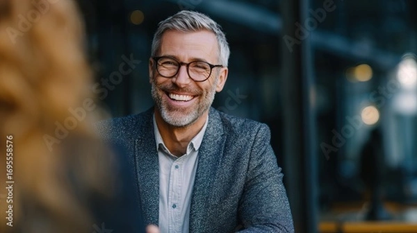 Fototapeta A smiling man with glasses and a stylish blazer enjoys a conversation in a modern setting, radiating confidence and approachability.
