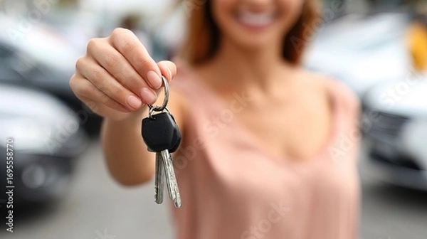 Fototapeta A woman smiles while holding car keys, likely indicating a successful purchase or rental in a parking lot filled with vehicles.