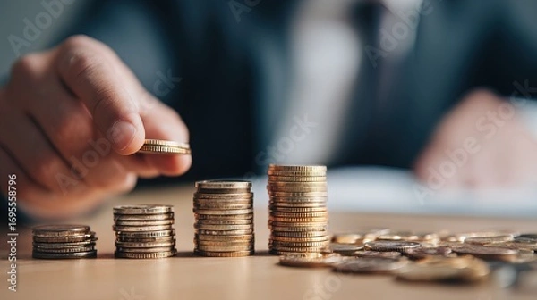 Fototapeta A close-up of a hand stacking coins, symbolizing saving and financial growth, is set against a blurred background of paperwork.