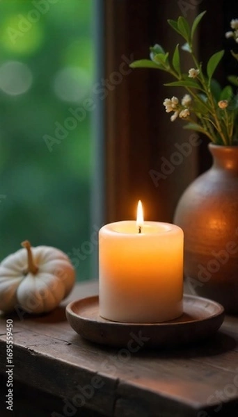 Fototapeta Serene scene of a single candle burning brightly on a wooden surface, surrounded by calming nature elements  Perfect for self-care, mindfulness, and relaxation themes ,  calm,  nature