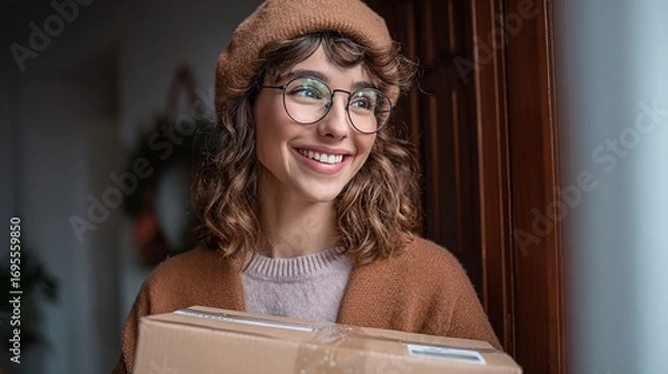 Fototapeta A cheerful woman in cozy attire smiles while holding a package at her front door, embodying the joy of receiving deliveries.