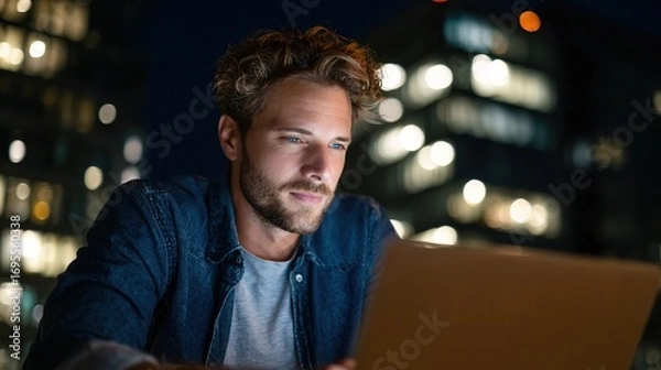 Fototapeta A focused man works late at night on a laptop, illuminated by city lights, showcasing a blend of concentration and modern urban life.