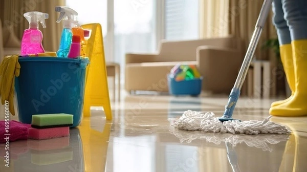 Fototapeta A person is cleaning a shiny floor using a mop, surrounded by cleaning supplies like sprays, sponges, and a bucket in a bright room.