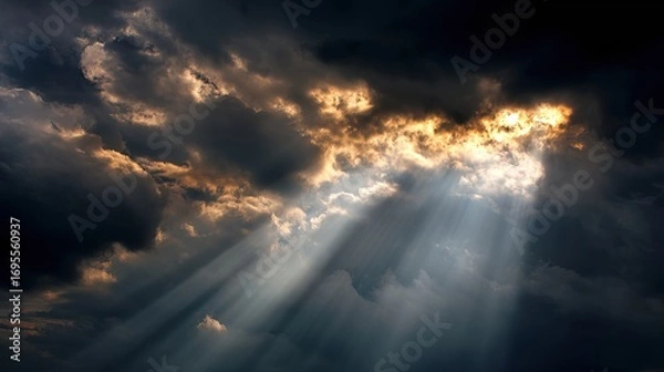 Fototapeta A dramatic sky filled with dark clouds and rays of light piercing through, creating a striking contrast and a sense of awe.