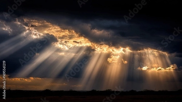 Fototapeta A dramatic sky features dark clouds illuminated by beams of sunlight breaking through, creating a captivating and serene atmosphere.