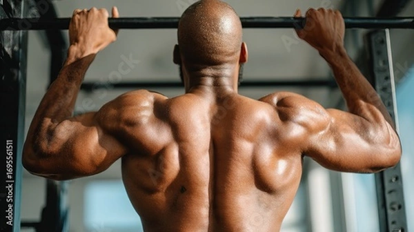 Fototapeta A muscular person performs a pull-up, showcasing strength and fitness in a gym environment.
