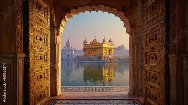Fototapeta A stunning view of a golden temple reflecting in serene waters, framed by intricately designed wooden doors at sunrise.