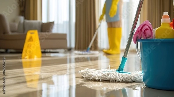 Fototapeta A person cleans a shiny floor with a mop, surrounded by cleaning supplies in a bright, modern room, emphasizing cleanliness and organization.