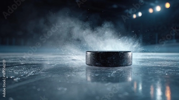 Fototapeta A frozen hockey puck is captured mid-action on the ice, surrounded by a spray of ice particles, highlighting the intensity of the game.