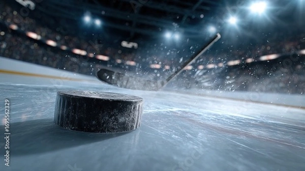 Fototapeta An action-packed scene of a hockey puck gliding across the ice, with a stick poised to strike and a blurred crowd in the background.
