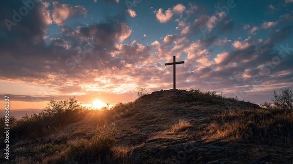 Fototapeta A serene sunset scene with a cross on a hill, symbolizing faith and tranquility amidst a beautiful sky and landscape.