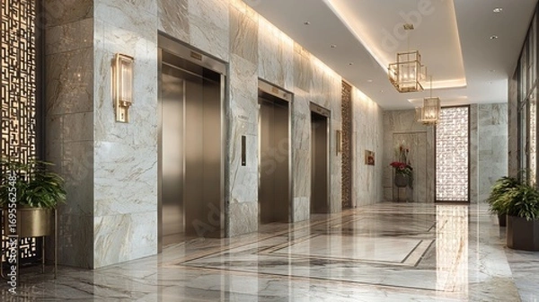 Fototapeta A modern lobby featuring sleek elevators, elegant marble flooring, and stylish lighting, creating a luxurious atmosphere.