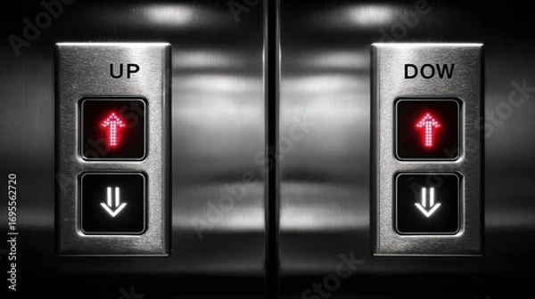 Fototapeta A close-up image of elevator buttons showing "UP" and "DOWN" indicators in red on a sleek metallic panel.