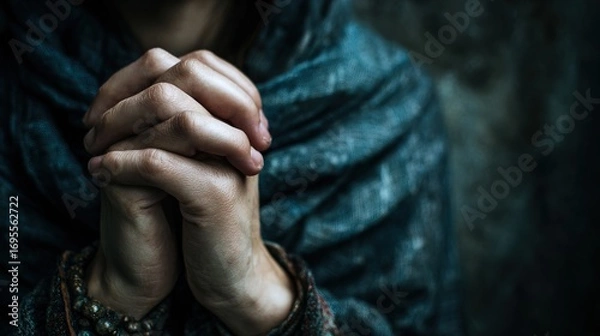 Fototapeta A pair of hands clasped together in prayer, wrapped in a textured cloth, exuding a sense of calmness and contemplation against a dark backdrop.