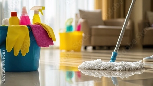 Fototapeta A cleaning scene featuring a mop, colorful cleaning supplies in a bucket, and a well-lit room, highlighting a vibrant home cleaning atmosphere.