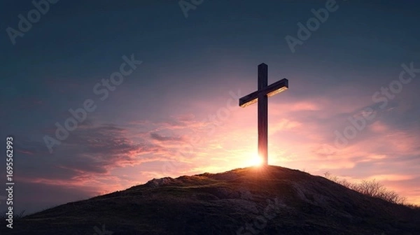 Fototapeta A silhouetted cross stands atop a hill, illuminated by a radiant sunset, creating a serene and spiritual atmosphere.