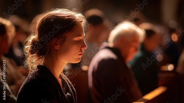 Fototapeta A woman with closed eyes, immersed in reflection, surrounded by a blurred crowd in a softly lit, contemplative atmosphere.
