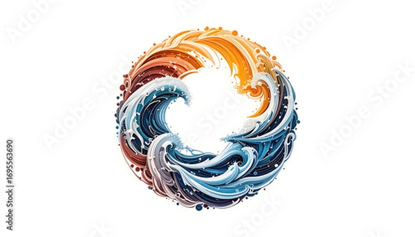 Obraz Circular design featuring stylized waves in shades of blue orange and red on a white background silhouette