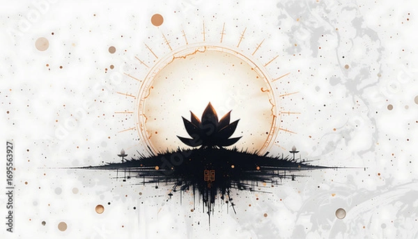 Obraz A lotus flower silhouette against a sun like circle with abstract splatter background design style art