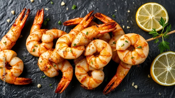 Fototapeta Grilled shrimp skewers. Seafood, shellfish. Shrimps Prawns skewers with herbs, garlic and lemon on black stone background, copy space. Shrimps prawns brochette kebab. Barbecue scrimps prawns